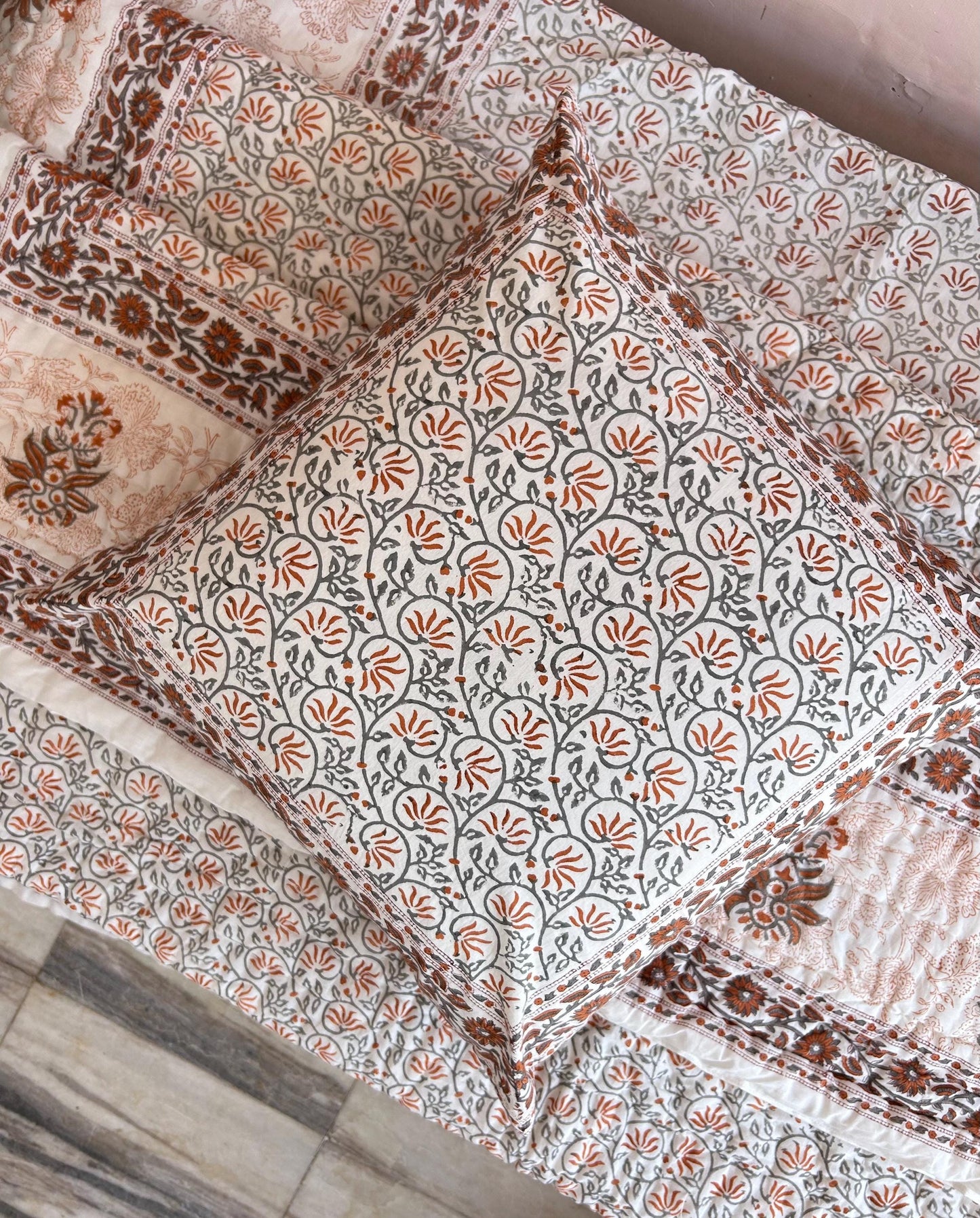 Hand Block Print Queen Quilt: Floral Cotton Bedspread