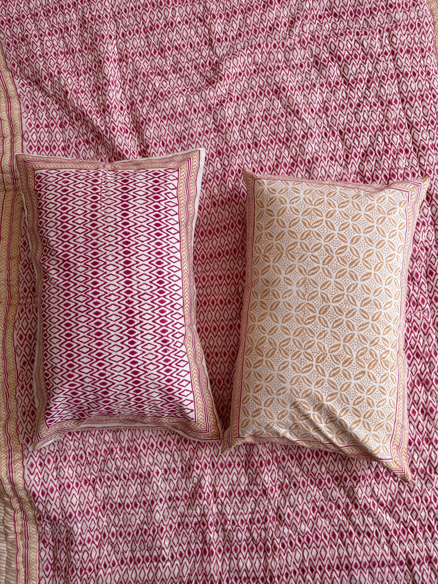Hand Block Print Queen Quilt: Indian Kantha Cotton Bedspread