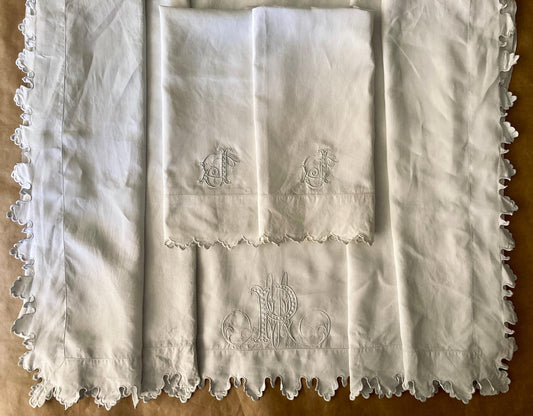 Antique French King Size Linen Bedding Set Hand Embroidered Whitework Richelieu Bridal Trousseau Linen
