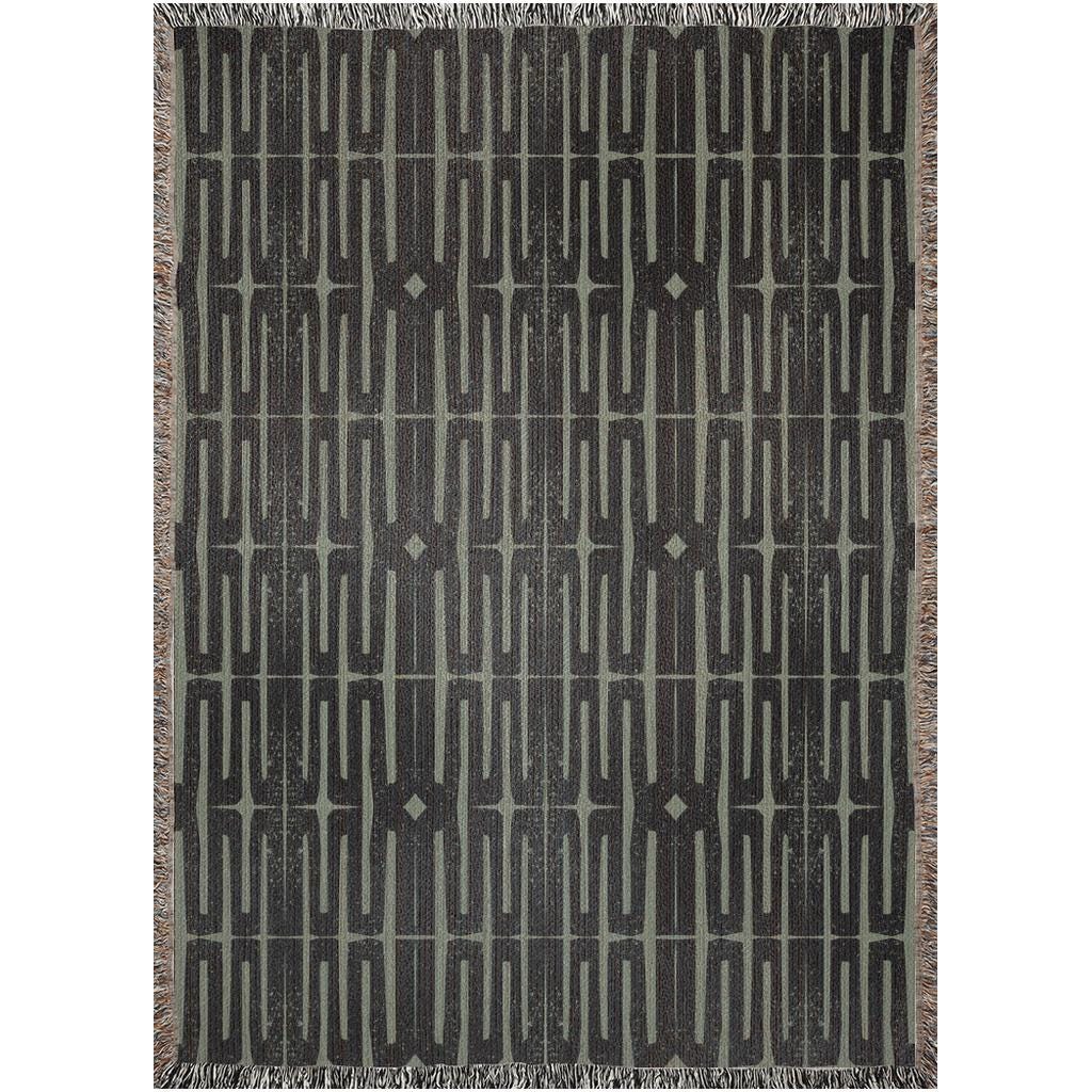 Olive Green & Charcoal Woven Throw Blanket – Modern Geometric Design