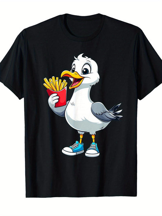 Humorous Graphic Tee Featuring a Seagull with Fries And Sneakers, Perfect for Casual Wear, Beach Outings, And Themed Events. Suitable for Both Men And Women