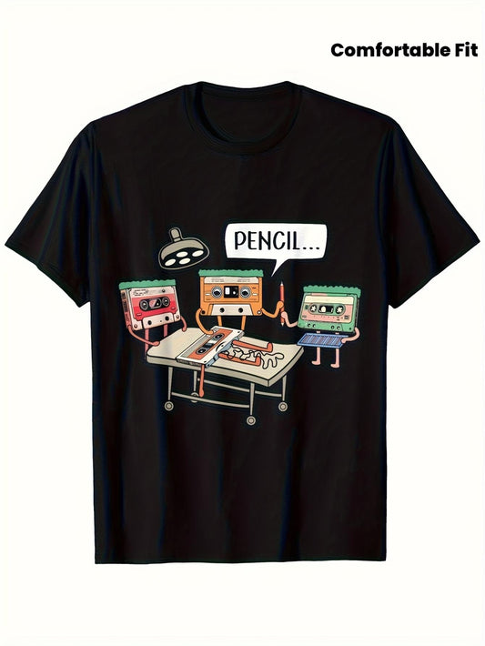 Matching Black Short-Sleeve T-Shirts for Men And Women - Made from 100% 200Gsm Heavyweight Fabric, Featuring a Retro 80S Video Game Graphic Print with Cassette Tapes And Pencil Design, Designed for a Loose Fit with a Round Neck, Machine Washable