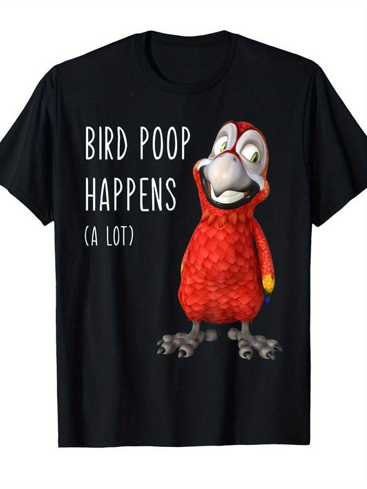 Funny Bird Poop Happens Macaw Parrot T-Shirt for Men & Women - Short Sleeve Casual Tee with Bird Pun Saying, Round Neck Humor Shirt for Bird Lovers, Machine Washable for all-Season Wear, Funny Avian Phrases Apparel