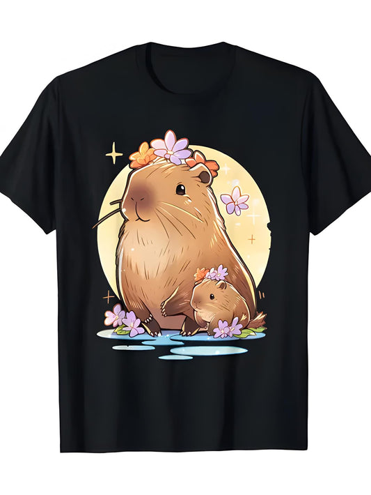 Men's Capybara & Pug graphic T-Shirt - Relaxed Fit Casual & Gym Wear, Cute Capybara and Pug Shirt, Short Sleeve Round Neck Black Tee, All-Season Comfortable Everyday Outfit Top for men