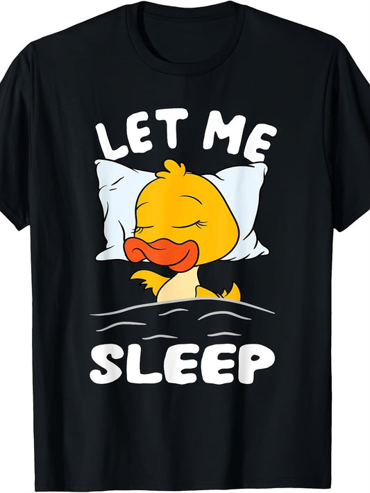 Men's Black Cotton T-Shirt with Let Me Sleep Duck Graphic - Casual Crew Neck Short Sleeve Tee, Regular Fit Suitable for Casual Attire & Lounge Wear, Sleepy Duck Print Shirt, Machine Washable for, Office, Everyday Use, PLUS SIZE