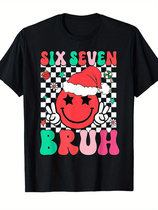 Graphic T-Shirt Featuring a Humorous 67 Meme Design, Suitable for Both Men And Women. This Unisex Casual Tee Has a Round Neck And Short Sleeves, Adorned with Checkered Patterns And Lettering, Perfect for Everyday Wear And Social Events