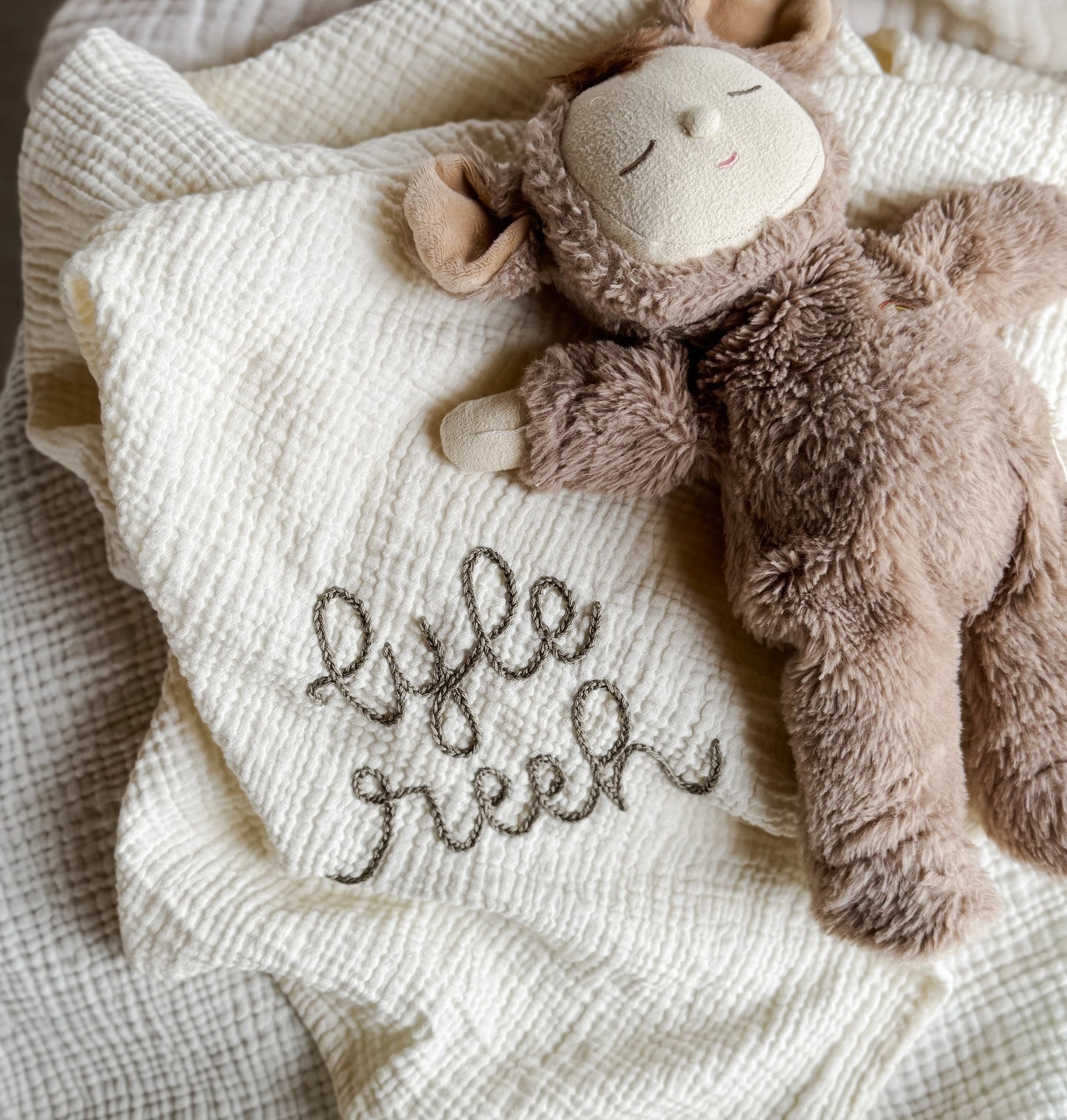 Personalized Hand Embroidered Baby Swaddle Blanket - Cotton Muslin