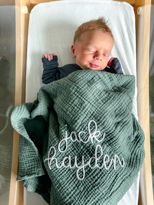 Personalized Hand Embroidered Baby Swaddle Blanket - Cotton Muslin