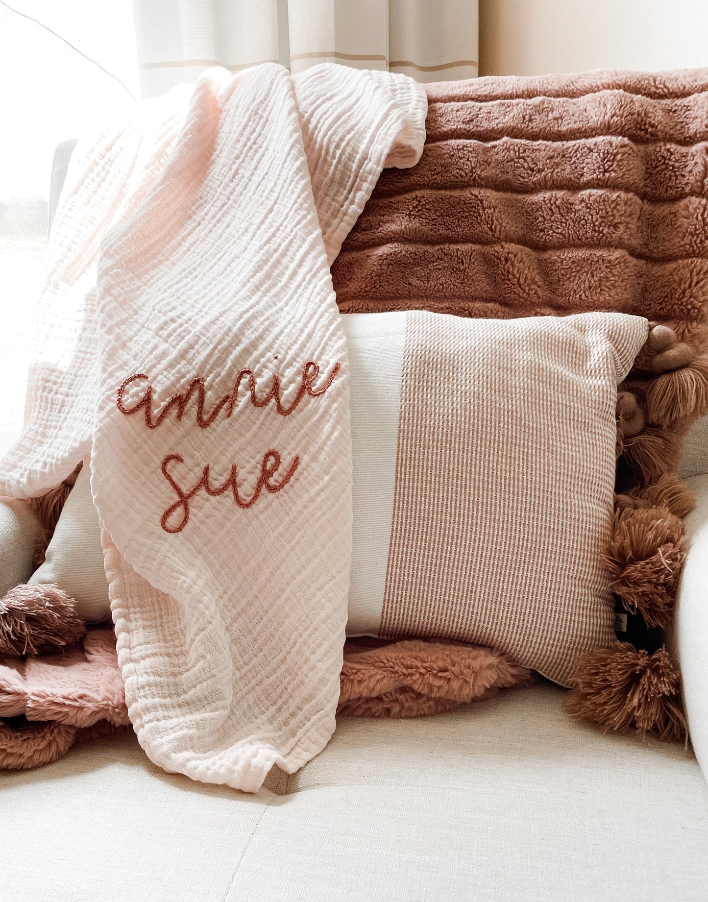 Personalized Hand Embroidered Baby Swaddle Blanket - Cotton Muslin