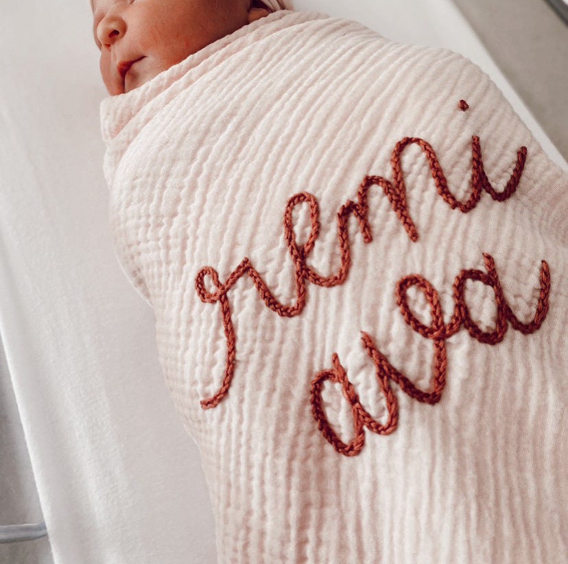 Personalized Hand Embroidered Baby Swaddle Blanket - Cotton Muslin