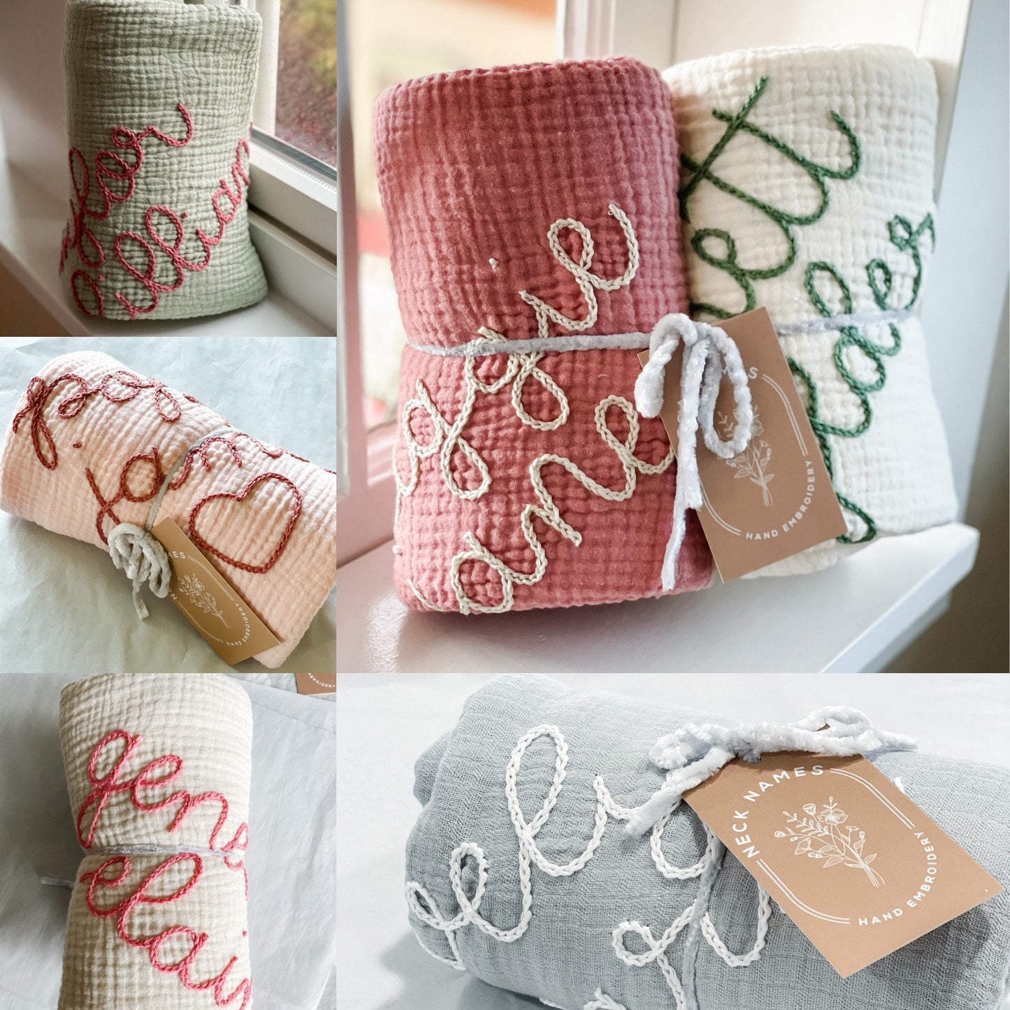 Personalized Hand Embroidered Baby Swaddle Blanket - Cotton Muslin