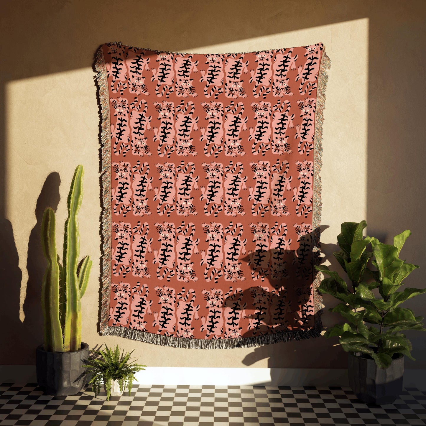 Pink Groovy Tiger Pattern Woven Cotton Throw Blankets