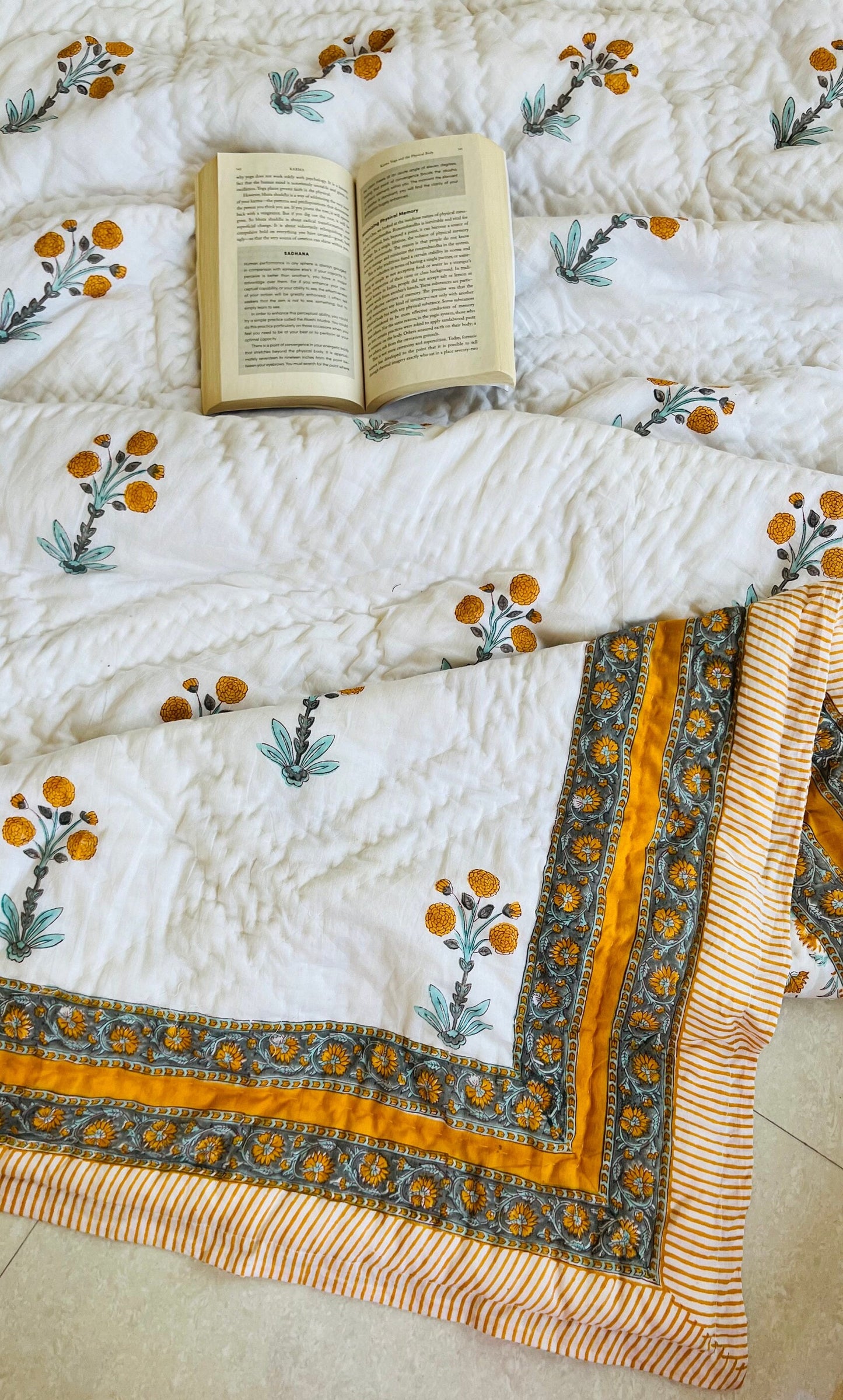 Floral Block Print Quilt: Handmade Reversible Cotton Bedspread