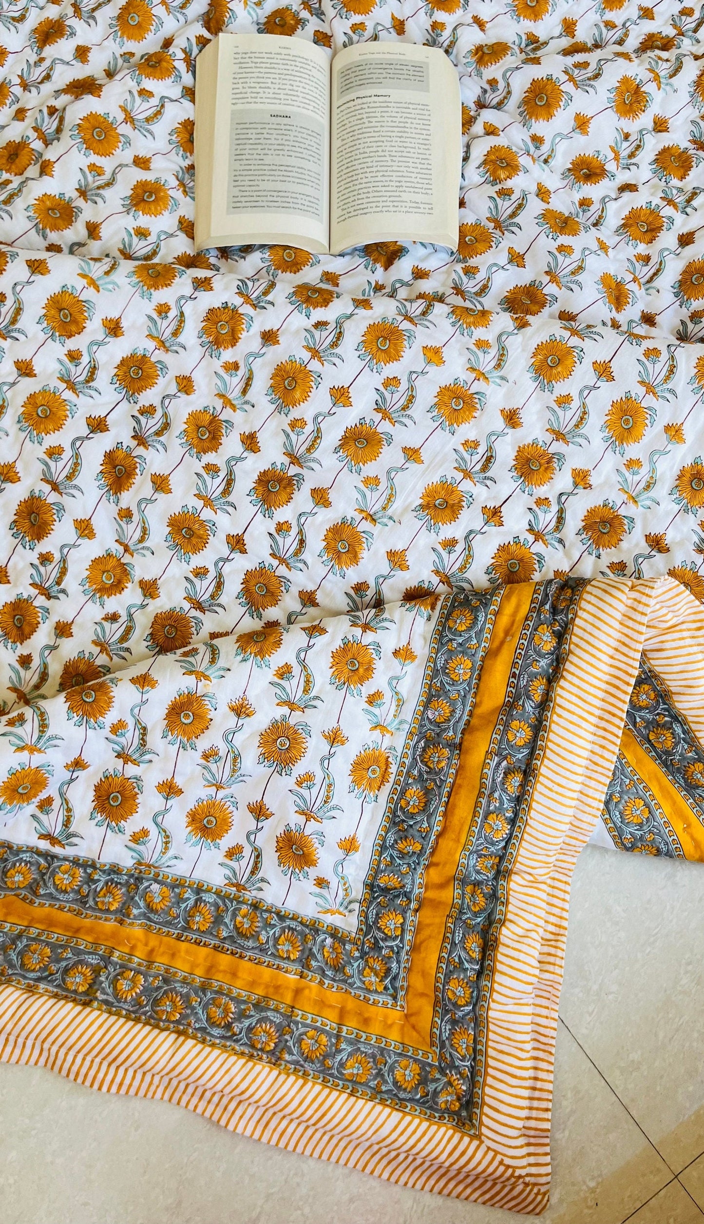 Floral Block Print Quilt: Handmade Reversible Cotton Bedspread