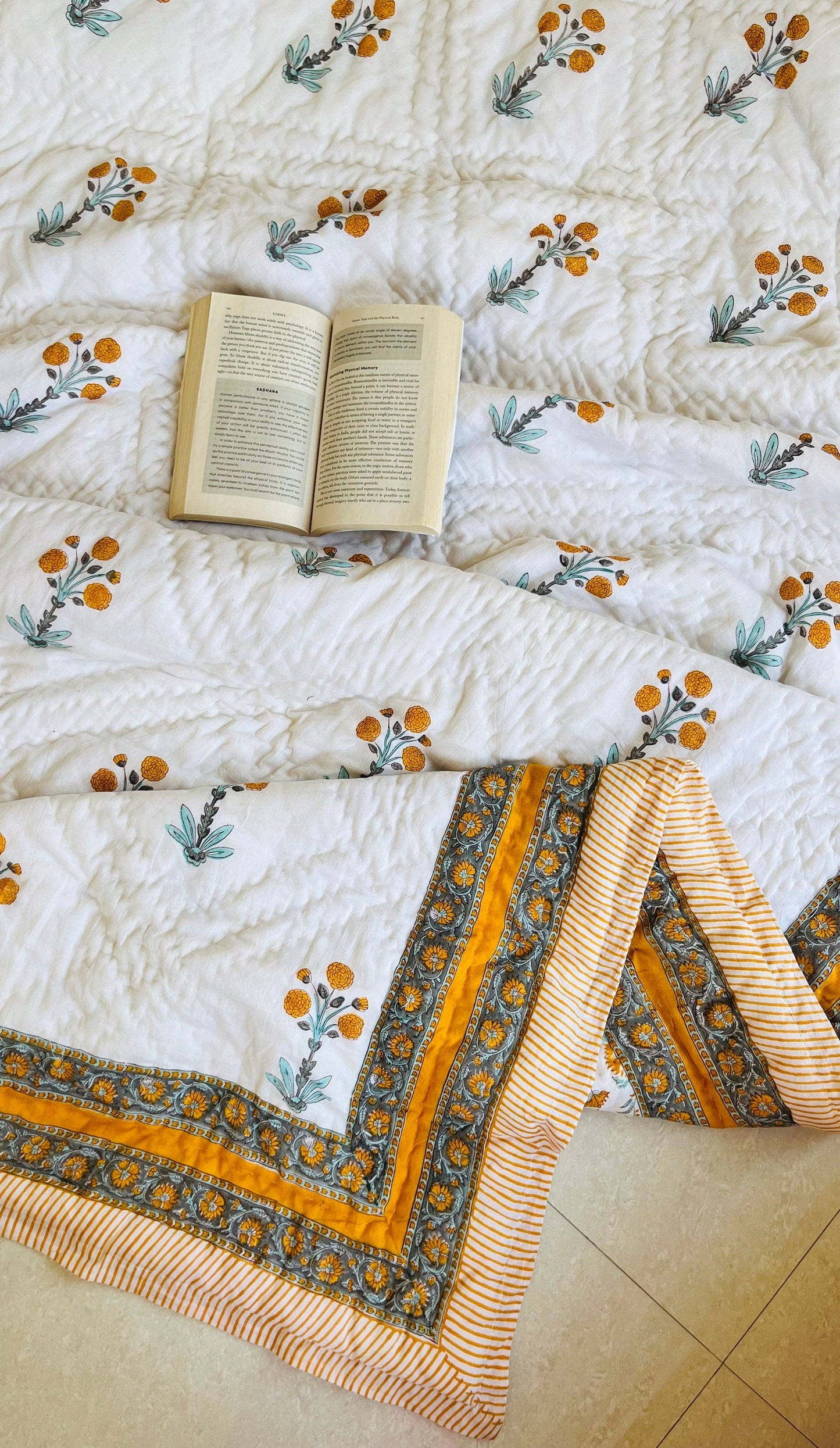 Floral Block Print Quilt: Handmade Reversible Cotton Bedspread
