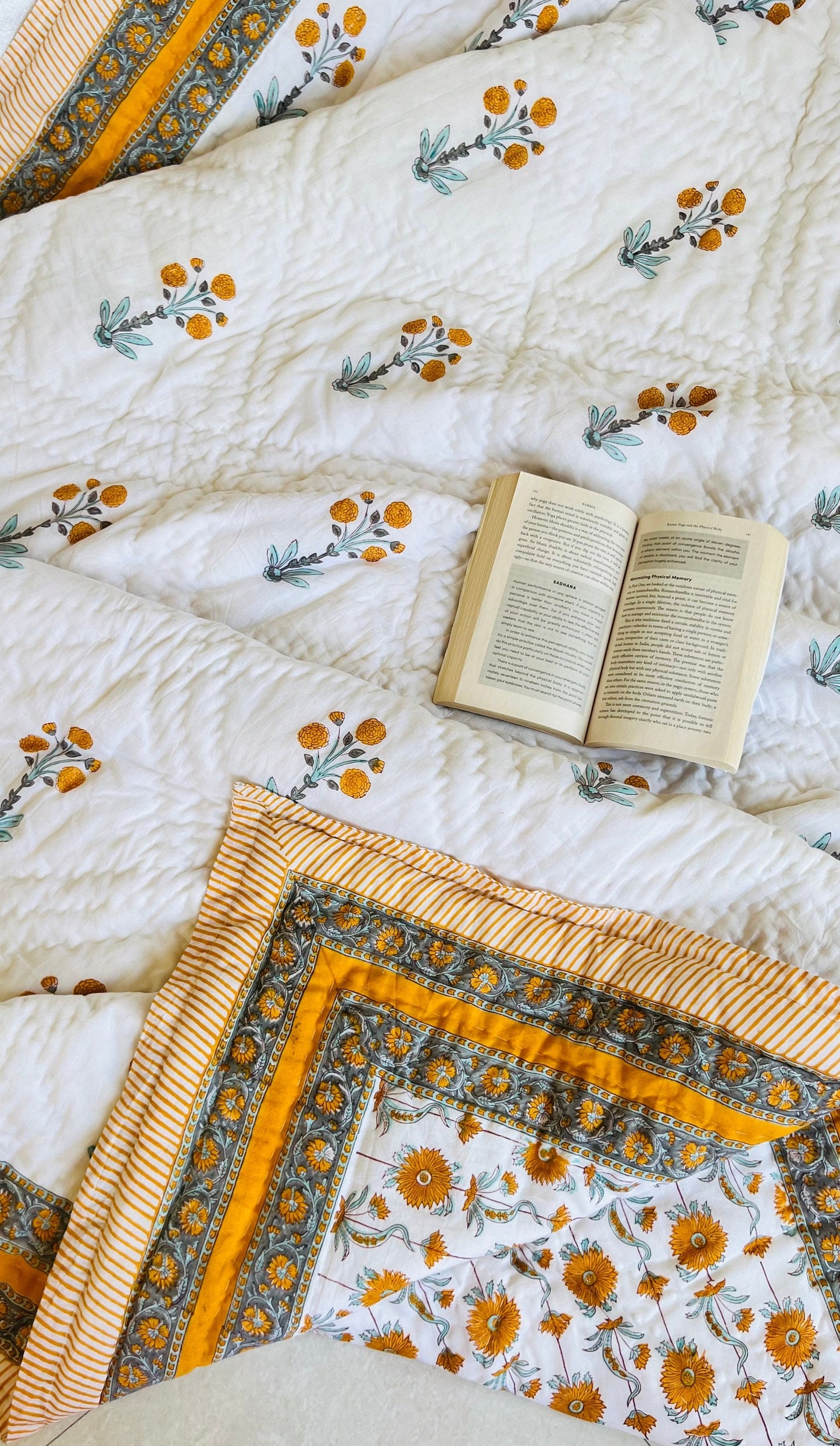 Floral Block Print Quilt: Handmade Reversible Cotton Bedspread
