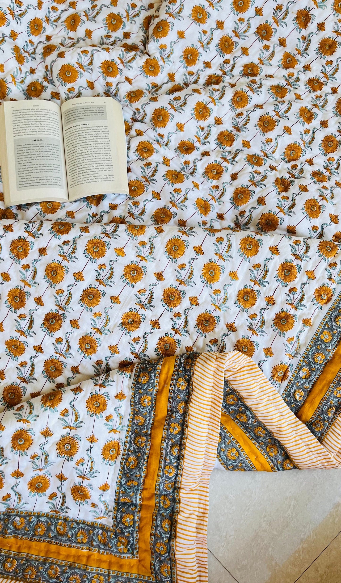 Floral Block Print Quilt: Handmade Reversible Cotton Bedspread