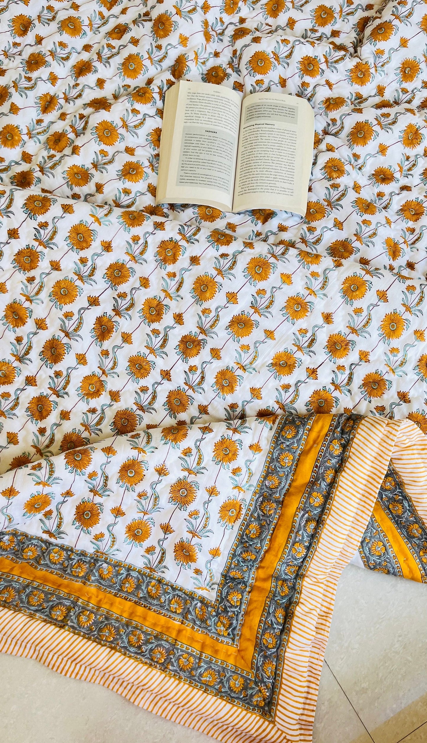 Floral Block Print Quilt: Handmade Reversible Cotton Bedspread