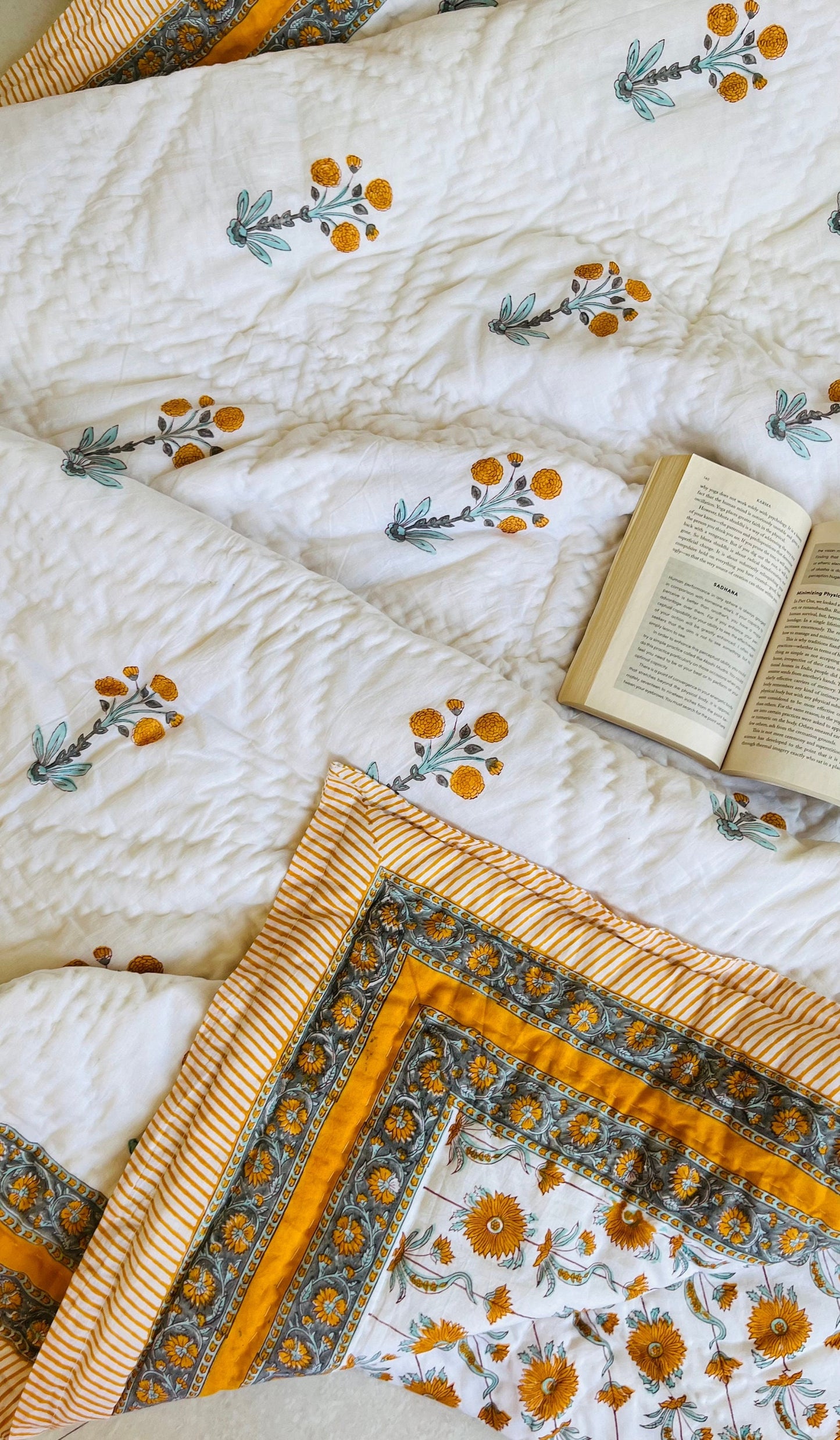 Floral Block Print Quilt: Handmade Reversible Cotton Bedspread
