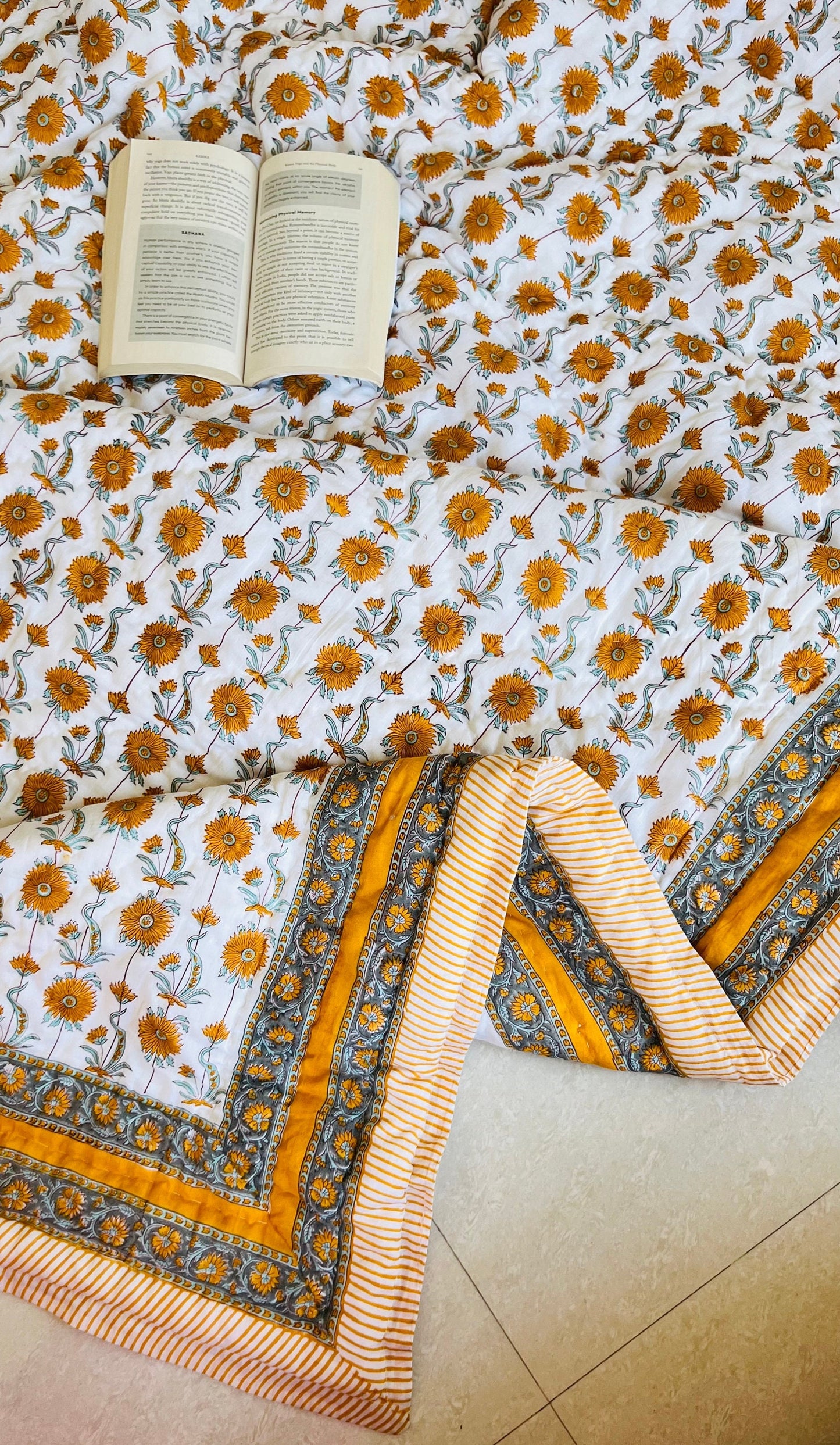 Floral Block Print Quilt: Handmade Reversible Cotton Bedspread