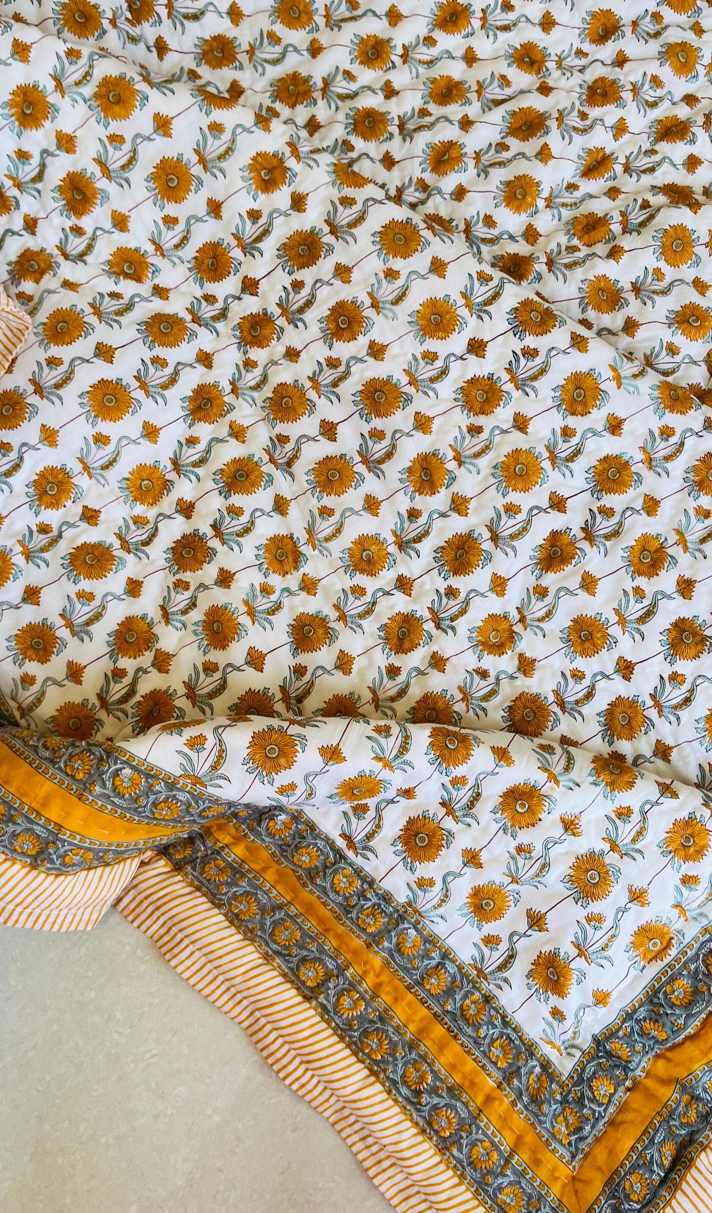 Floral Block Print Quilt: Handmade Reversible Cotton Bedspread