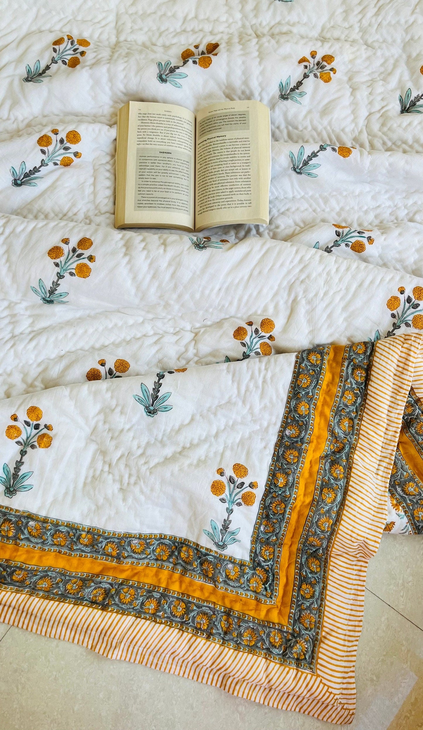Floral Block Print Quilt: Handmade Reversible Cotton Bedspread
