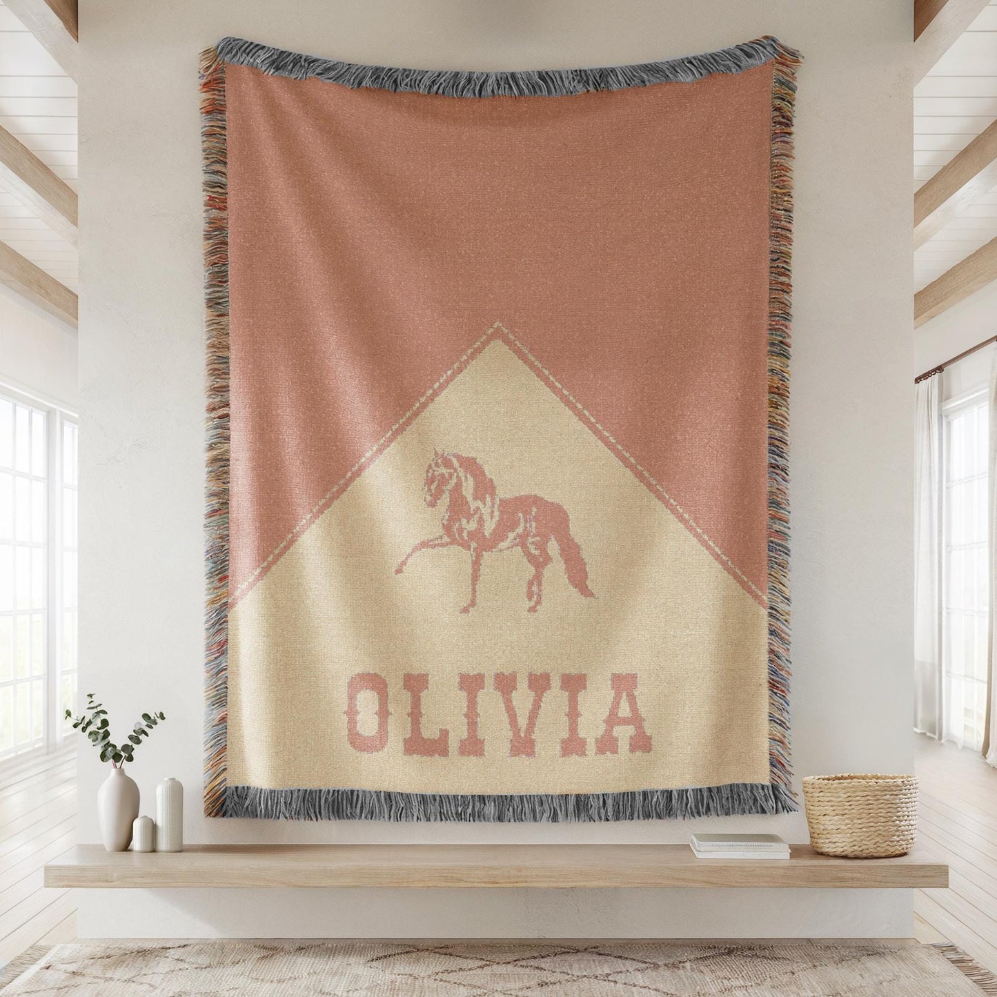 Personalized Cowgirl Woven Baby Blanket, Baby Girl Western Blanket, Heirloom Blanket, Newborn Name Blanket,Monogram Pink Horse Woven Throw