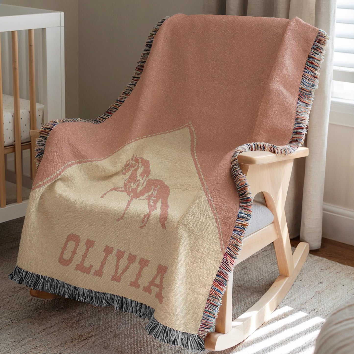 Personalized Cowgirl Woven Baby Blanket, Baby Girl Western Blanket, Heirloom Blanket, Newborn Name Blanket,Monogram Pink Horse Woven Throw