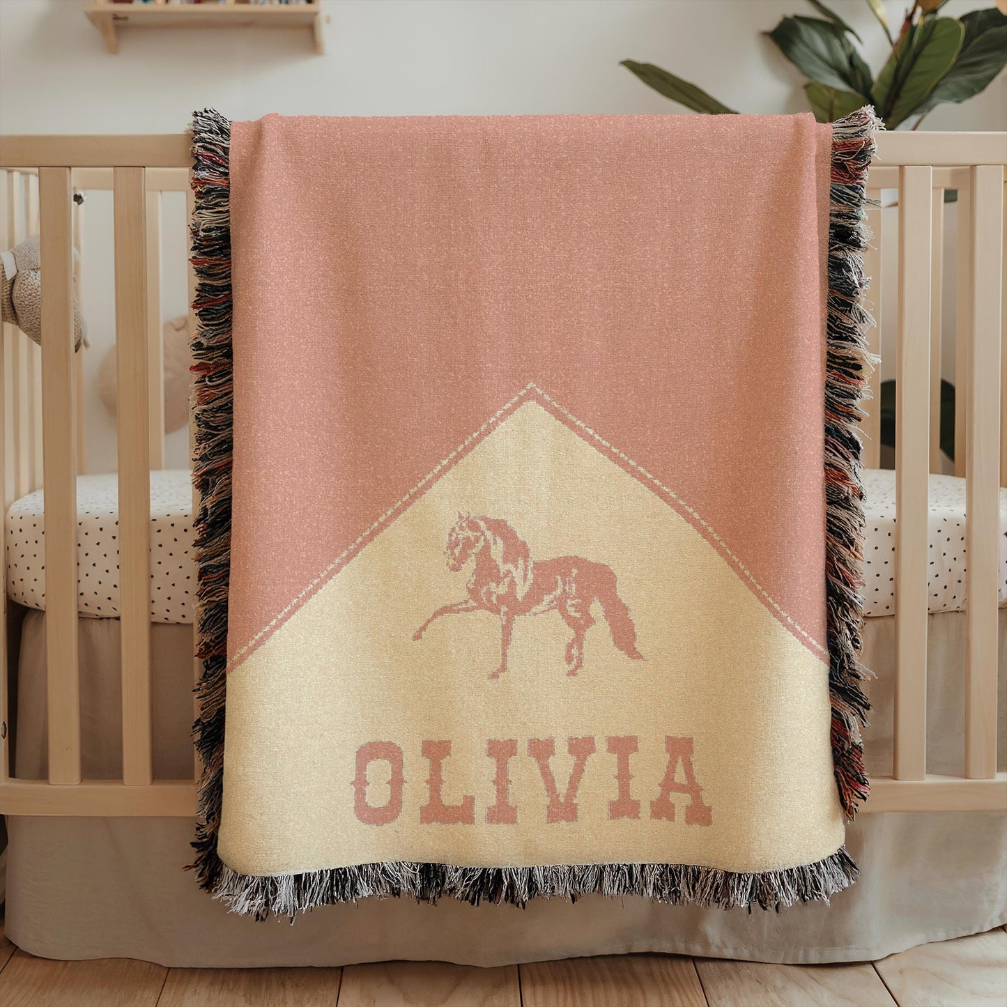 Personalized Cowgirl Woven Baby Blanket, Baby Girl Western Blanket, Heirloom Blanket, Newborn Name Blanket,Monogram Pink Horse Woven Throw