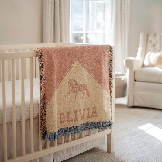 Personalized Cowgirl Woven Baby Blanket, Baby Girl Western Blanket, Heirloom Blanket, Newborn Name Blanket,Monogram Pink Horse Woven Throw