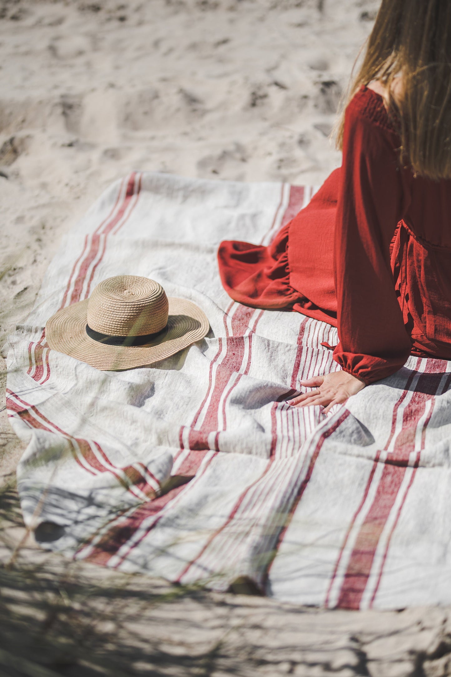 Linen beach towel, French style linen blanket, Summer blanket, Linen beach towel, Natural linen picnic blanket, Striped linen blanket.