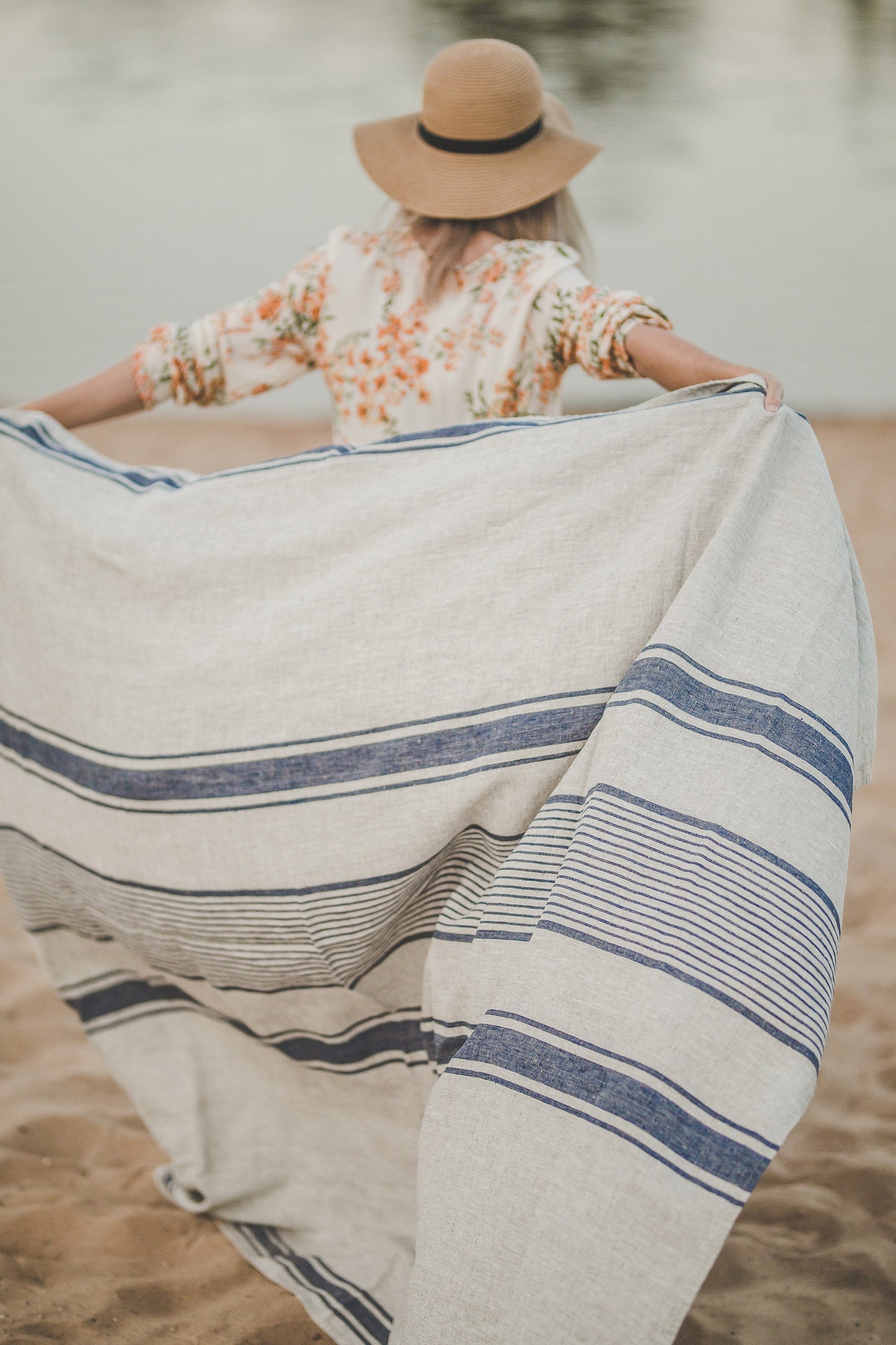 Linen beach towel, French style linen blanket, Summer blanket, Linen beach towel, Natural linen picnic blanket, Striped linen blanket.