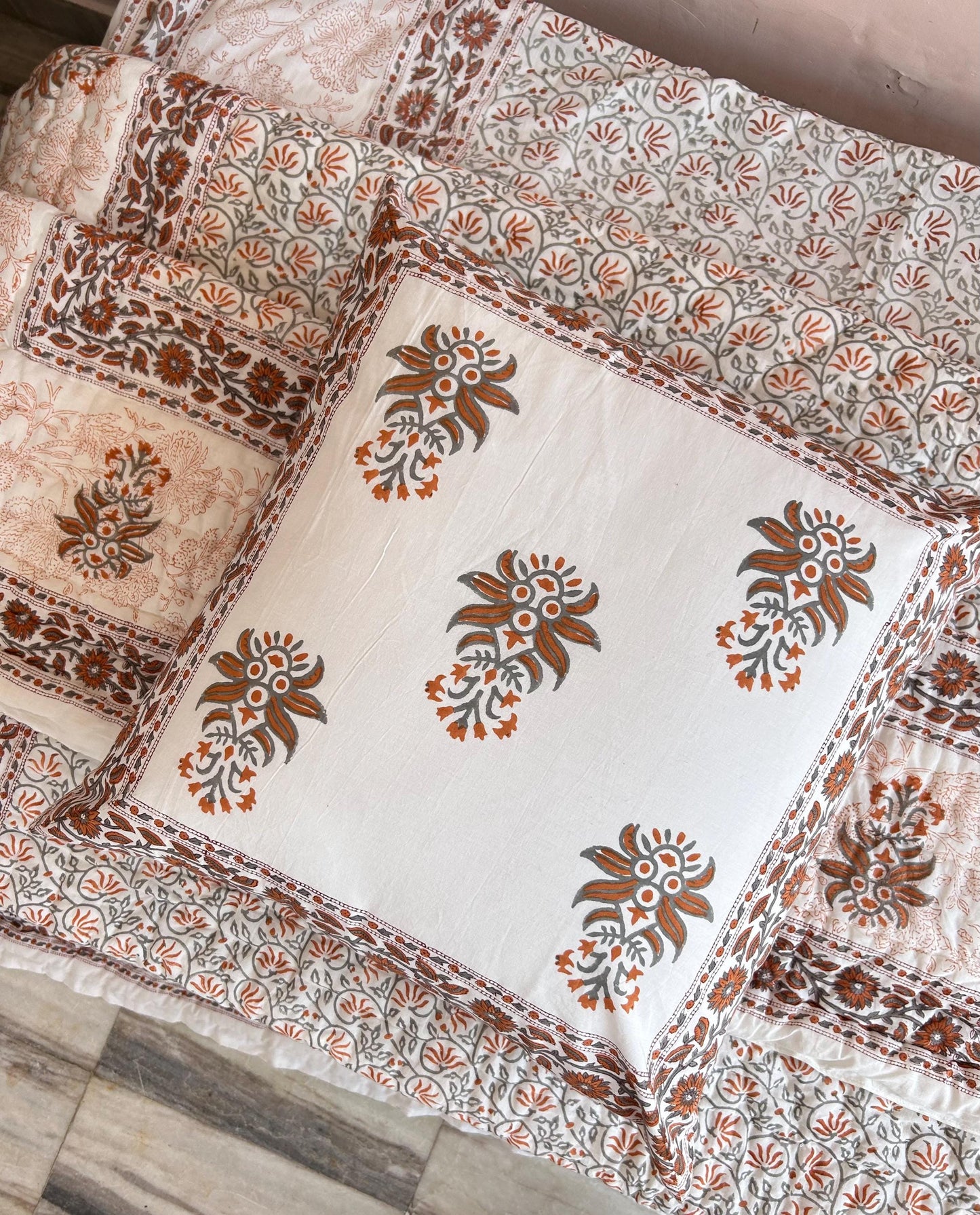 Hand Block Print Queen Quilt: Floral Cotton Bedspread