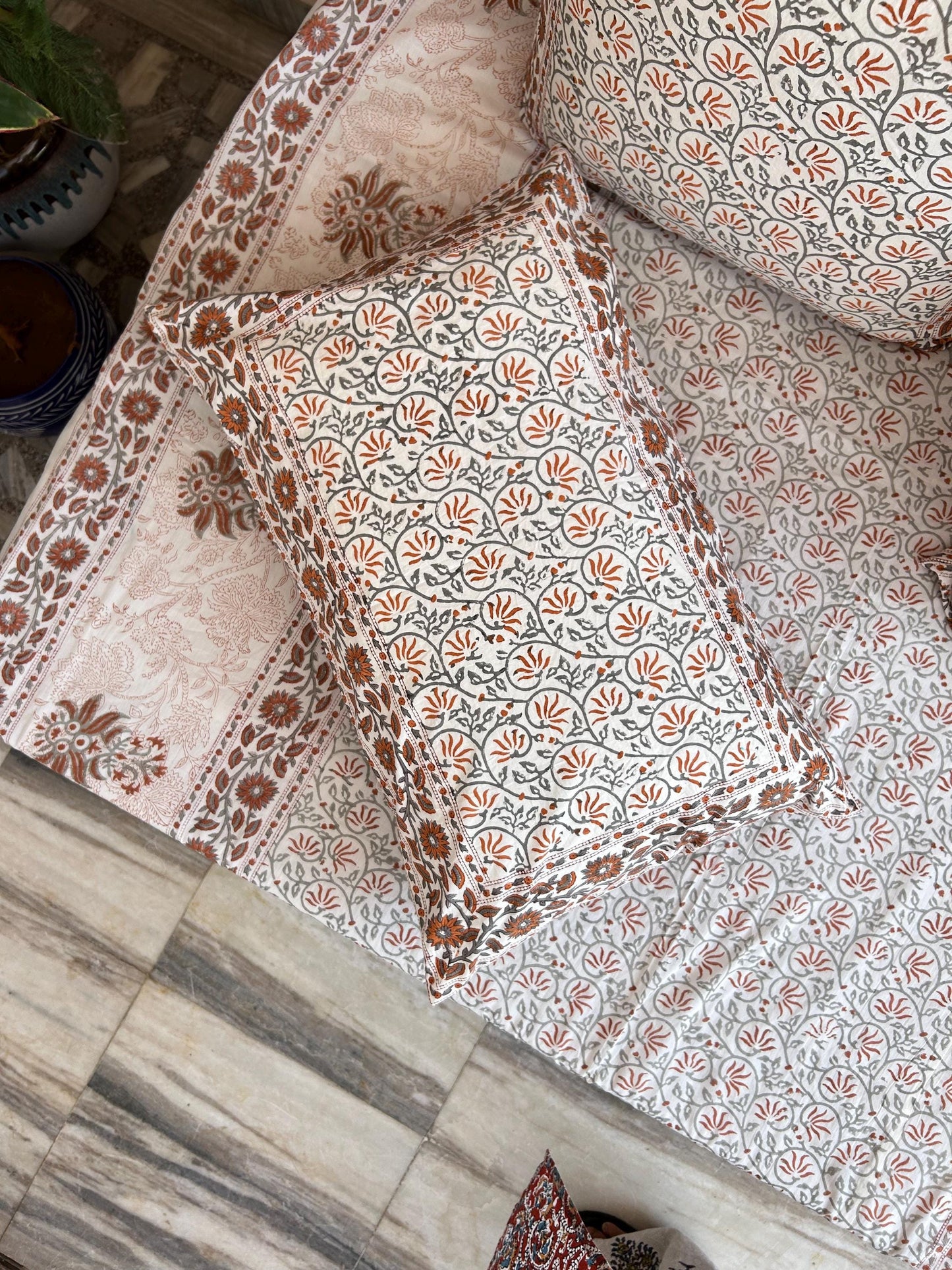 Hand Block Print Queen Quilt: Floral Cotton Bedspread