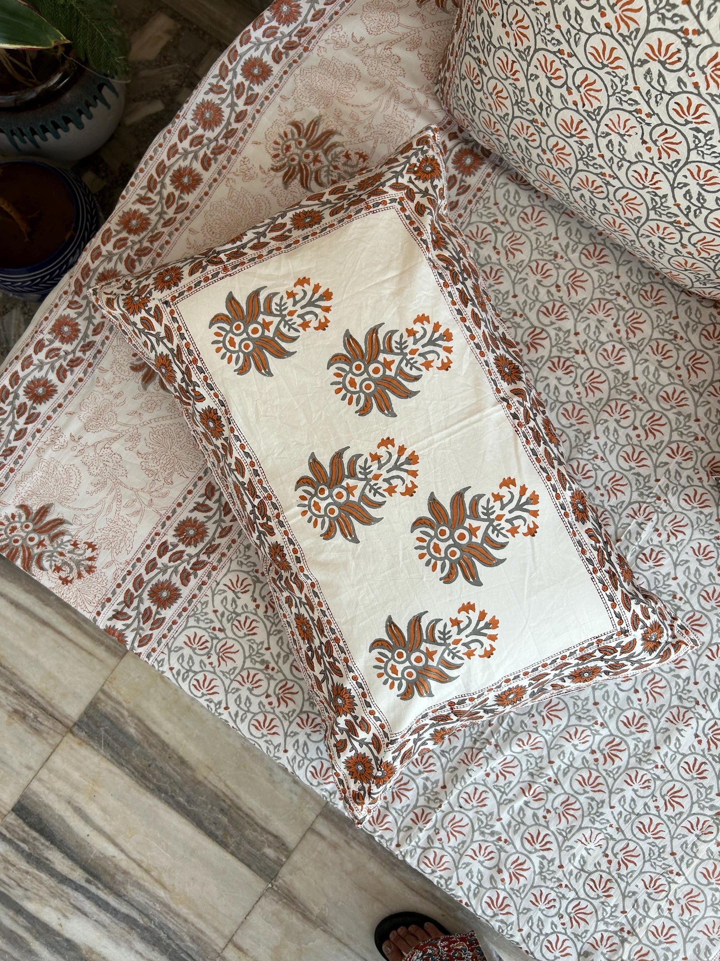Hand Block Print Queen Quilt: Floral Cotton Bedspread
