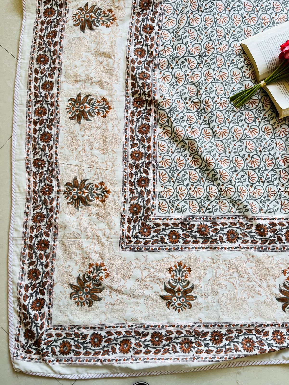 Hand Block Print Queen Quilt: Floral Cotton Bedspread