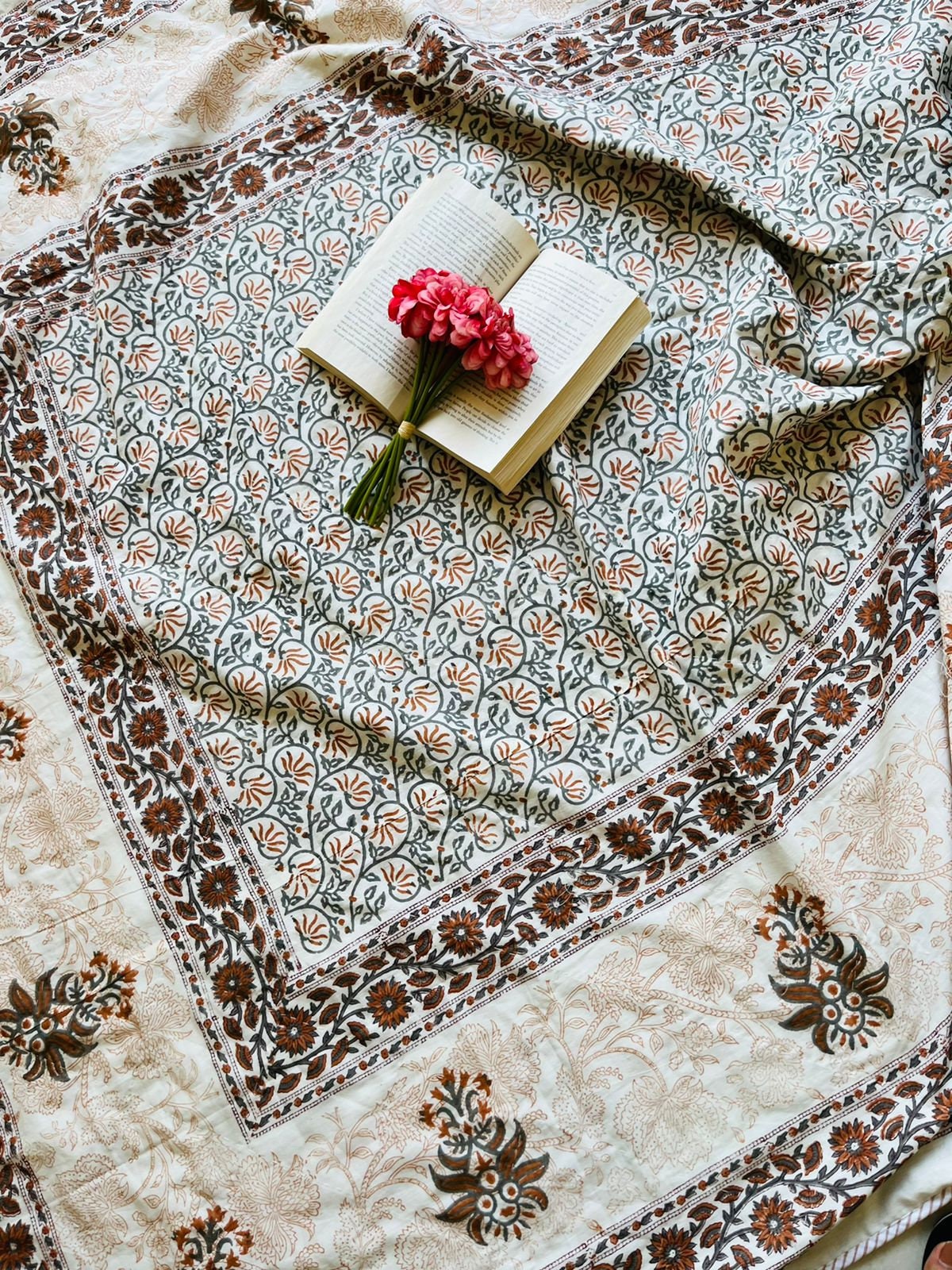 Hand Block Print Queen Quilt: Floral Cotton Bedspread