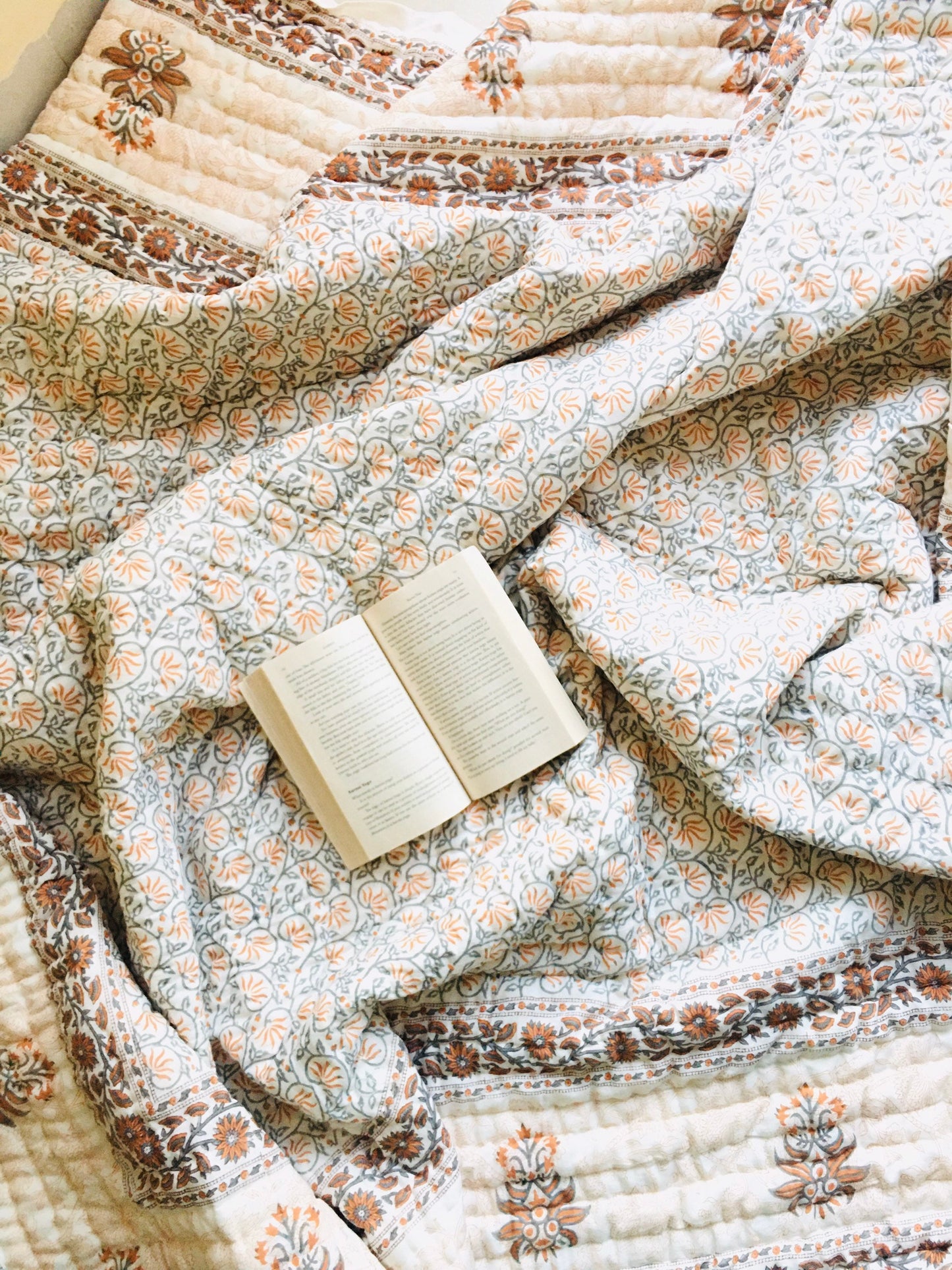 Hand Block Print Queen Quilt: Floral Cotton Bedspread