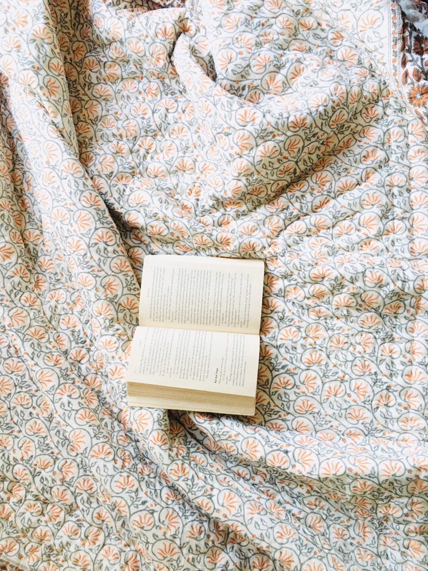 Hand Block Print Queen Quilt: Floral Cotton Bedspread