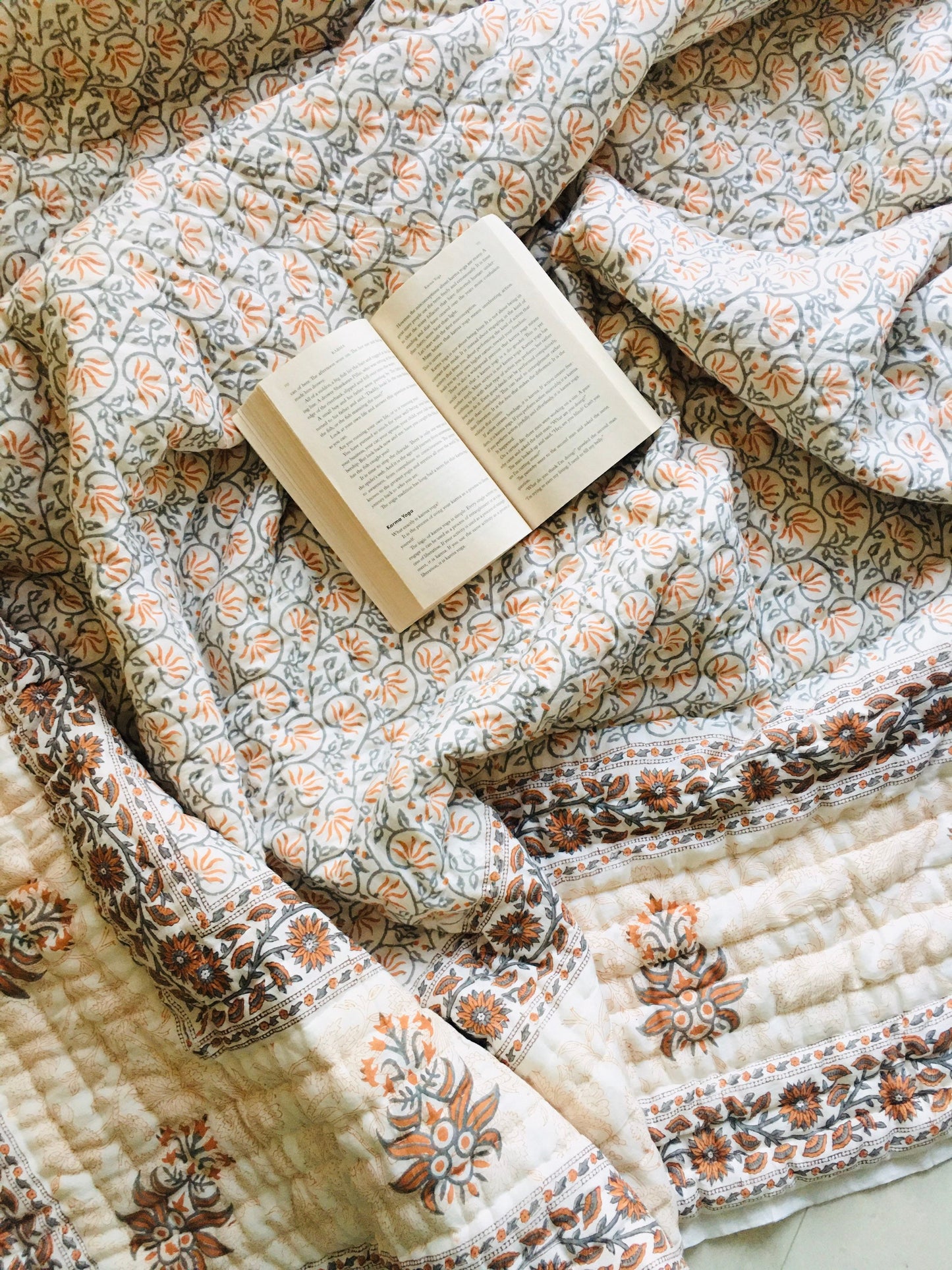 Hand Block Print Queen Quilt: Floral Cotton Bedspread