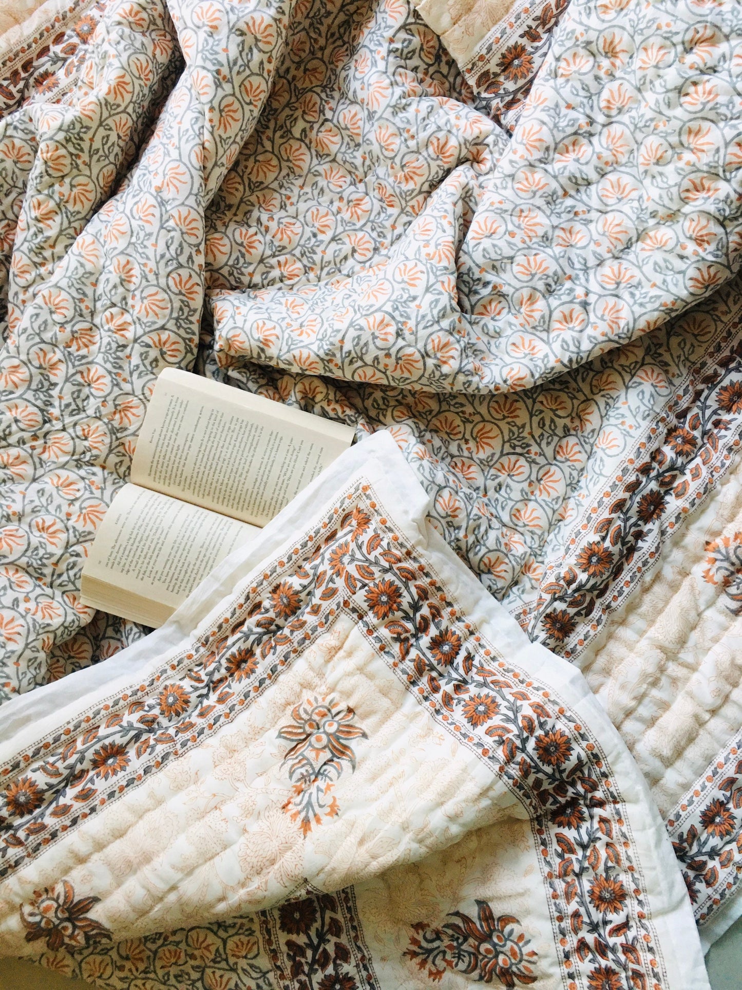 Hand Block Print Queen Quilt: Floral Cotton Bedspread