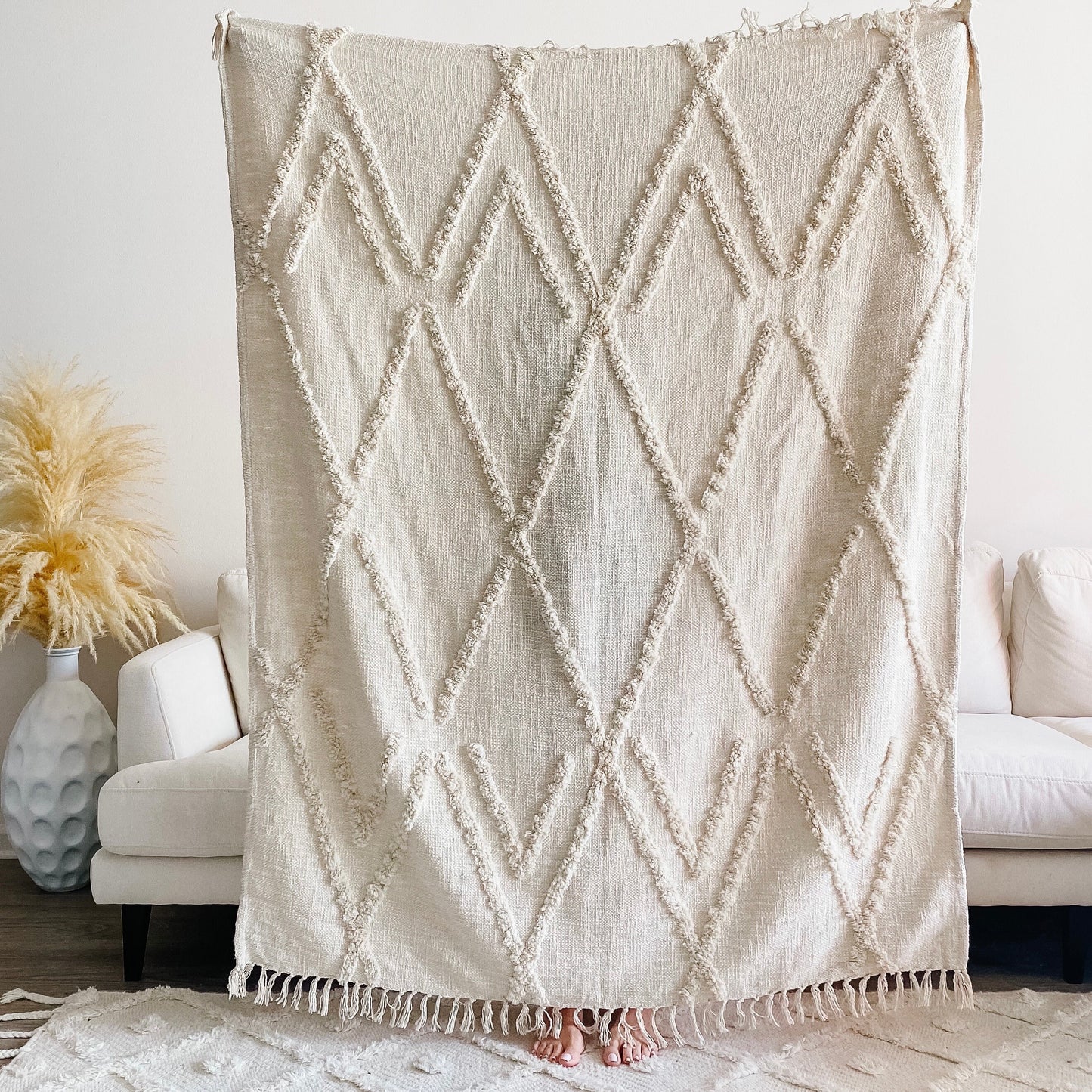 Bohemian Tufted Throw Blanket | Textured Slub Cotton Fringe Sofa Bed Cover