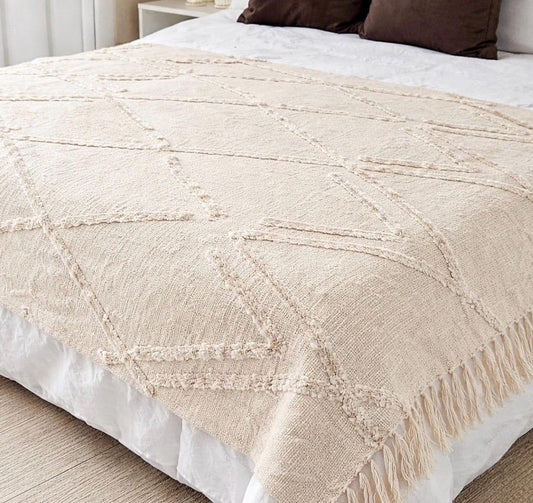 Bohemian Tufted Throw Blanket | Textured Slub Cotton Fringe Sofa Bed Cover