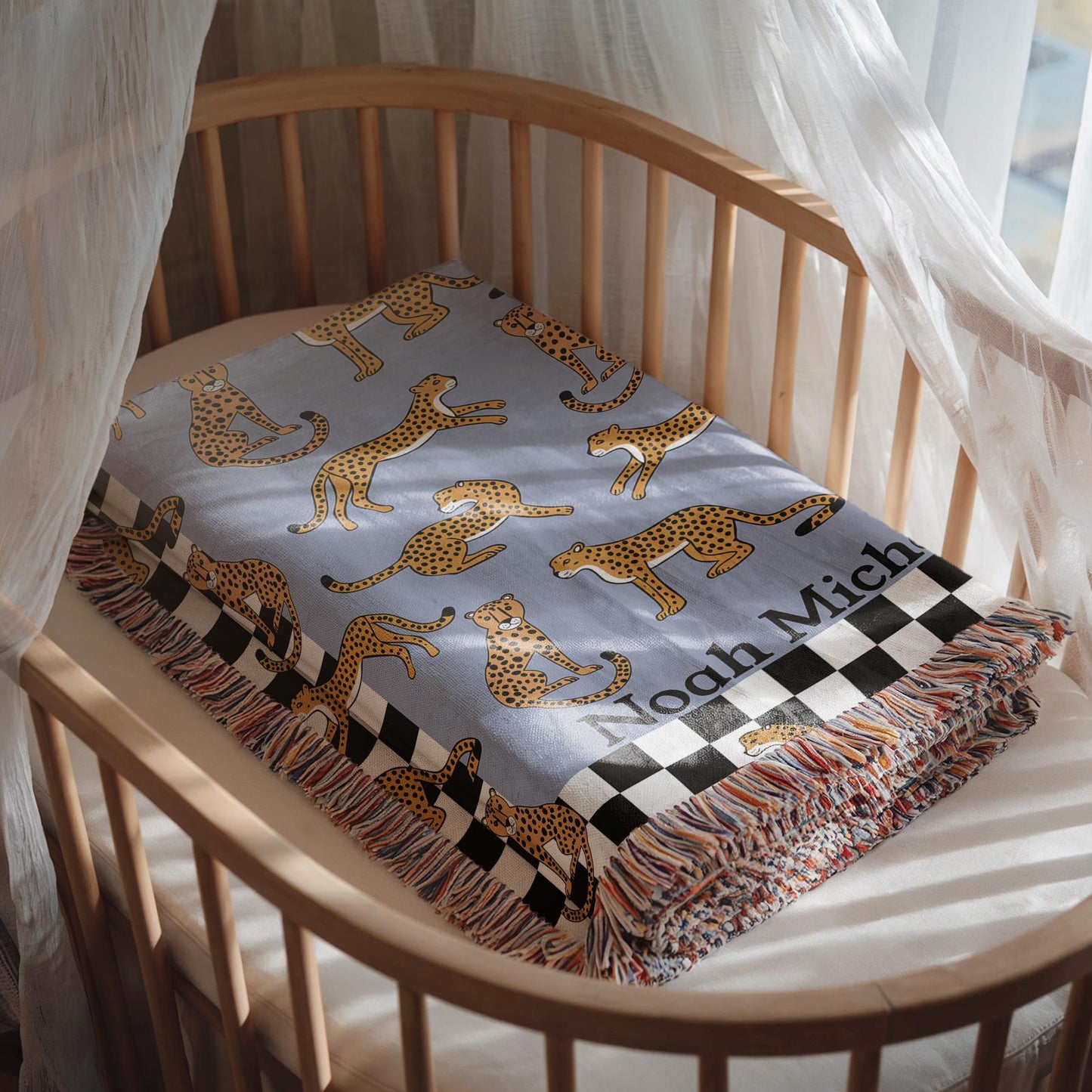 Personalized Cotton Woven Blanket, Playful Cheetahs Blue, Baby Name Blanket, Baby Shower Gift, Checkered Border, Modern Boho Newborn Nursery