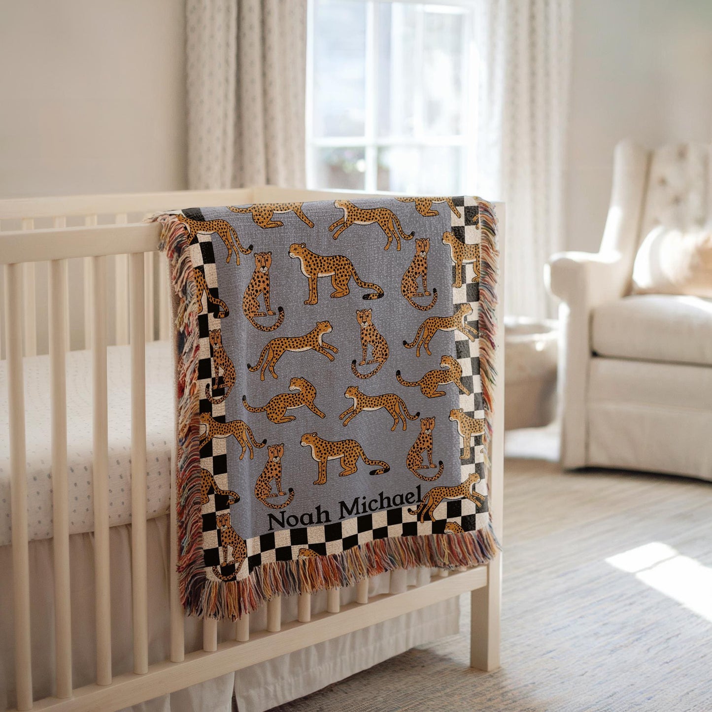 Personalized Cotton Woven Blanket, Playful Cheetahs Blue, Baby Name Blanket, Baby Shower Gift, Checkered Border, Modern Boho Newborn Nursery