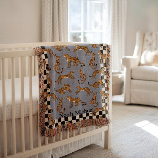 Personalized Cotton Woven Blanket, Playful Cheetahs Blue, Baby Name Blanket, Baby Shower Gift, Checkered Border, Modern Boho Newborn Nursery