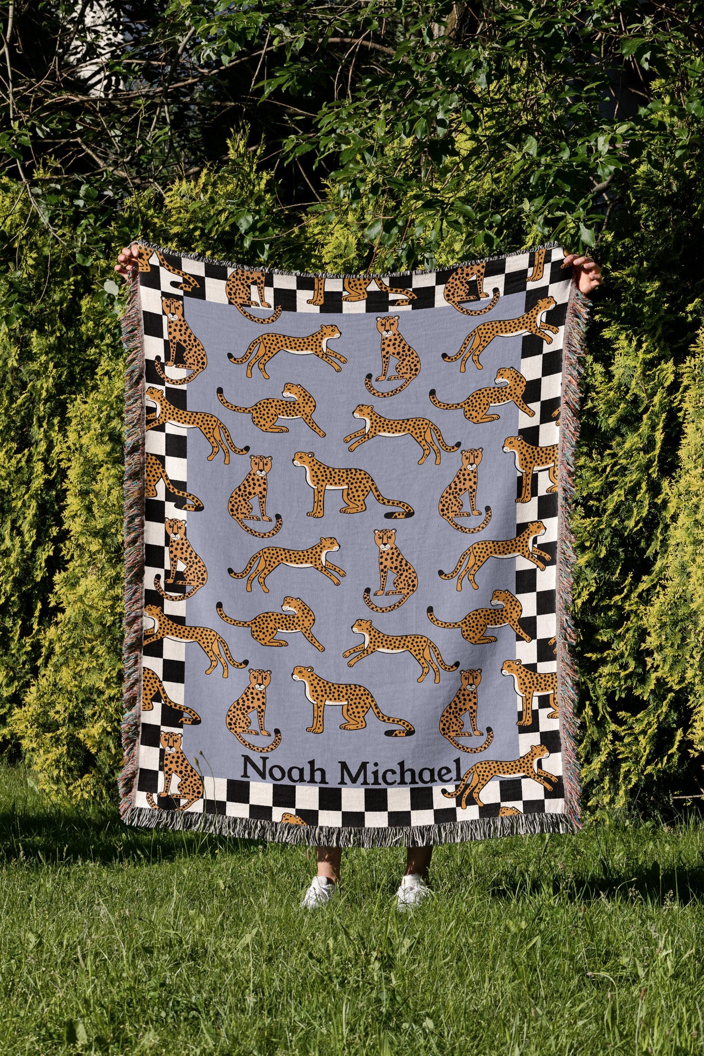 Personalized Cotton Woven Blanket, Playful Cheetahs Blue, Baby Name Blanket, Baby Shower Gift, Checkered Border, Modern Boho Newborn Nursery