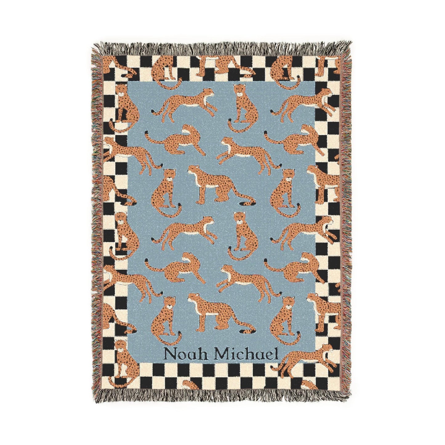 Personalized Cotton Woven Blanket, Playful Cheetahs Blue, Baby Name Blanket, Baby Shower Gift, Checkered Border, Modern Boho Newborn Nursery
