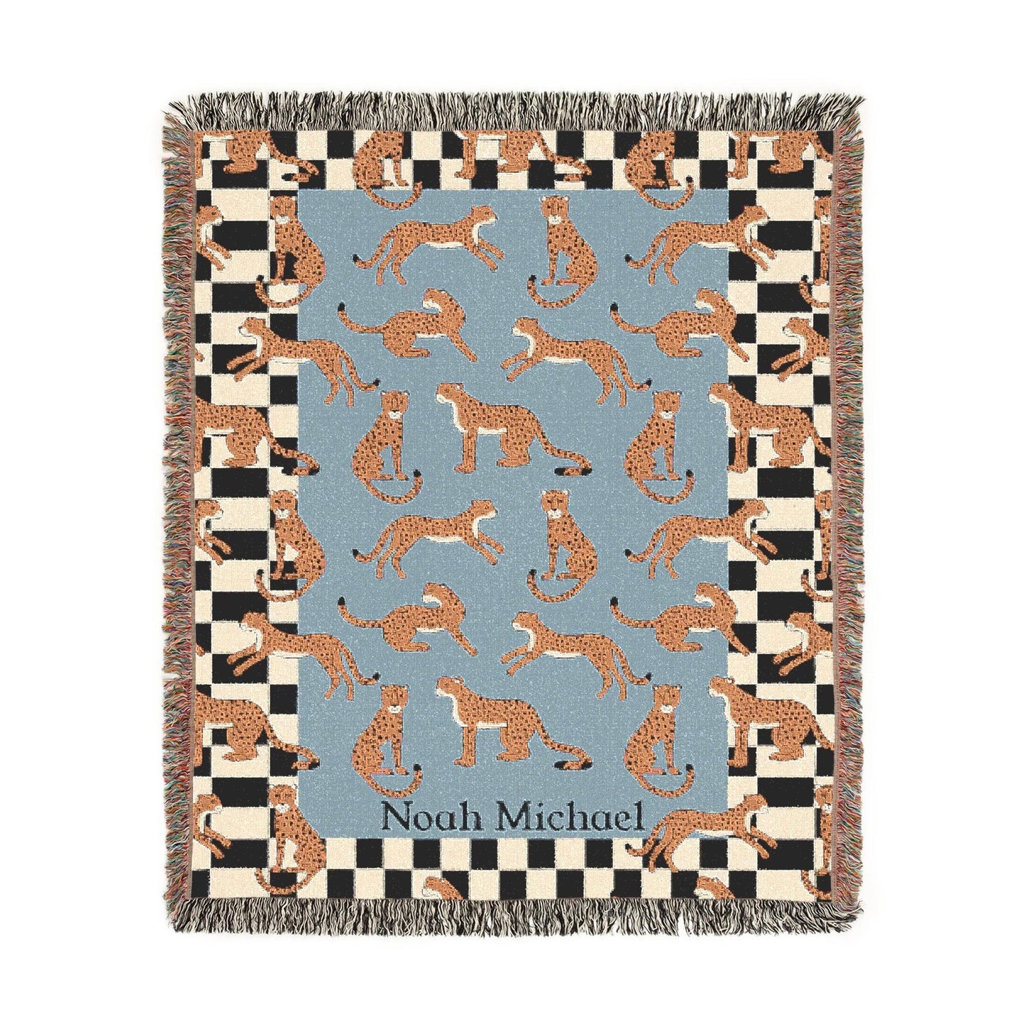 Personalized Cotton Woven Blanket, Playful Cheetahs Blue, Baby Name Blanket, Baby Shower Gift, Checkered Border, Modern Boho Newborn Nursery