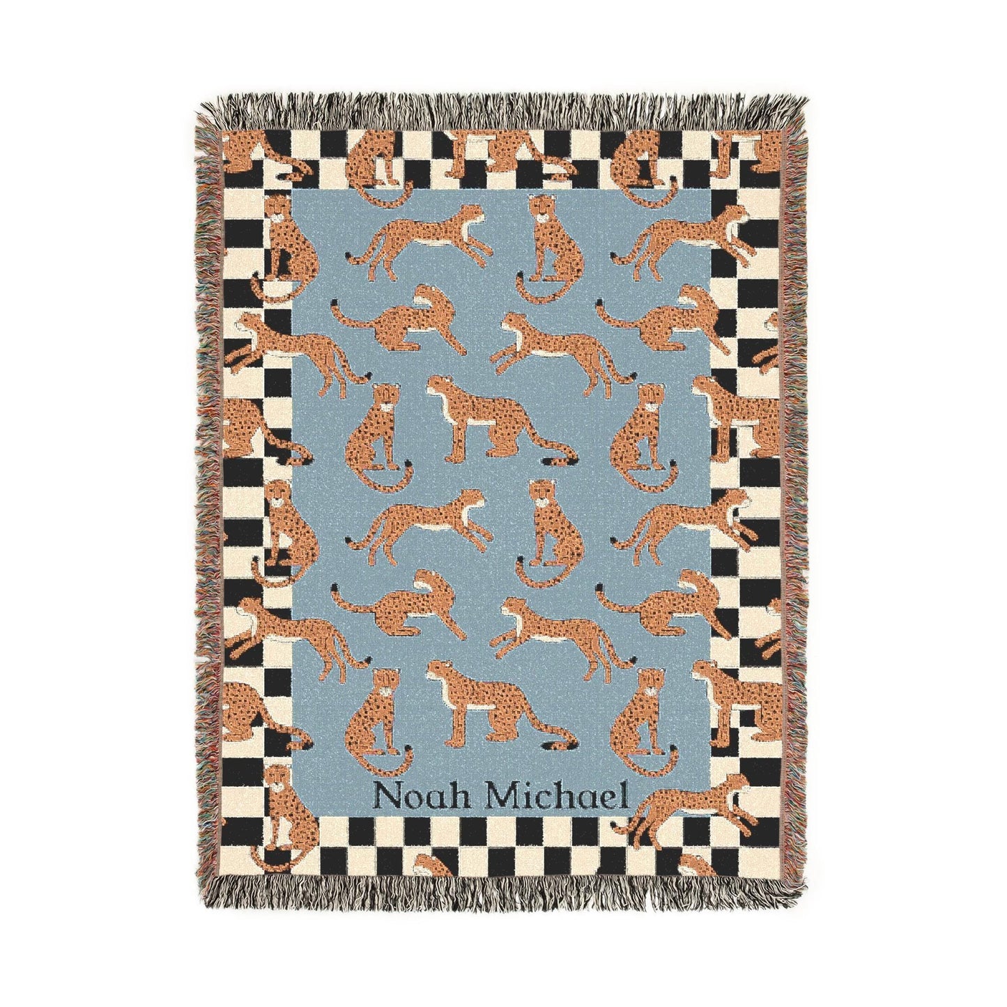 Personalized Cotton Woven Blanket, Playful Cheetahs Blue, Baby Name Blanket, Baby Shower Gift, Checkered Border, Modern Boho Newborn Nursery